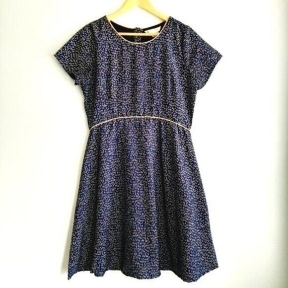 YUMI | Fit & Flare Short Slv Summer Tea Dress Navy Blue Yellow & White Sz 10 L - Picture 2 of 16